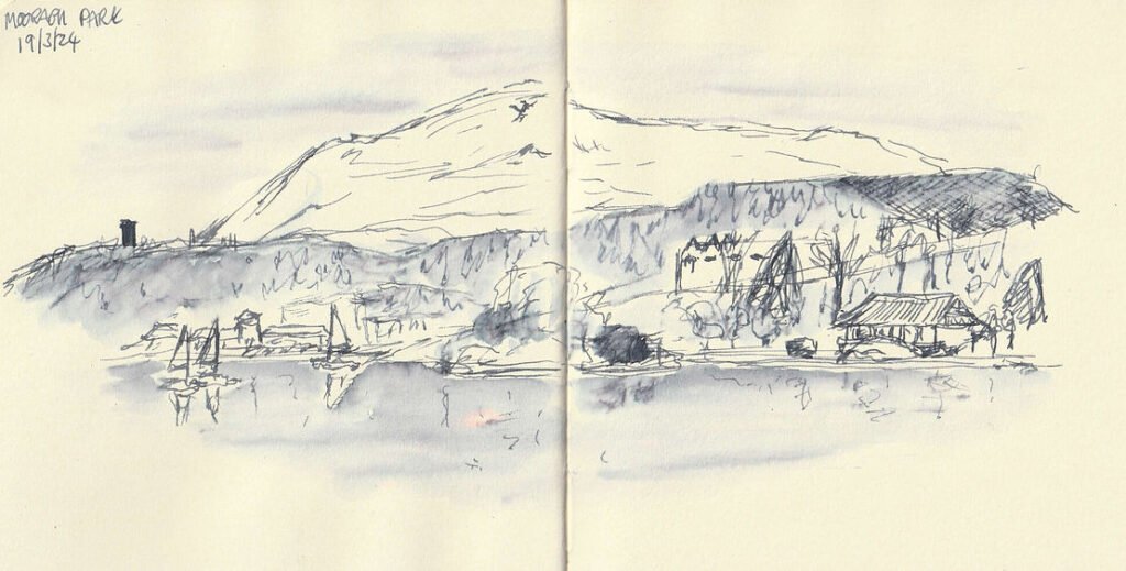 Ink sketch of a lake in a park with a tall hill behind.