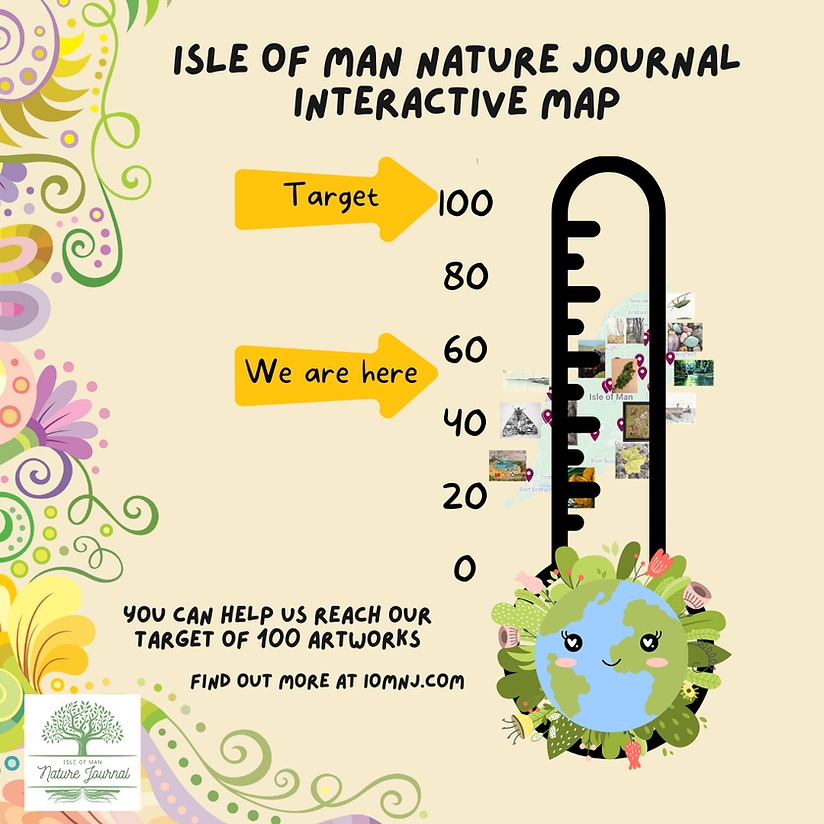 A graphic showing the progress towards the target of 100 artworks on the IOMNJ map. The arrow is pointing to around 50 on the scale.