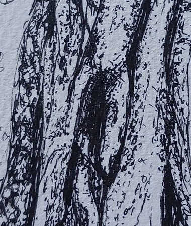 Abstract black ink drawing on white paper with textured lines and patterns. No visible text. The marks are mainly dots and small lines.