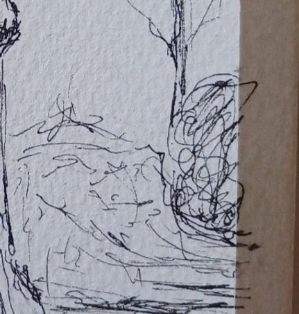 Abstract ink drawing on textured paper with swirling lines and a tree-like shape. Background has brown tape to one side.
