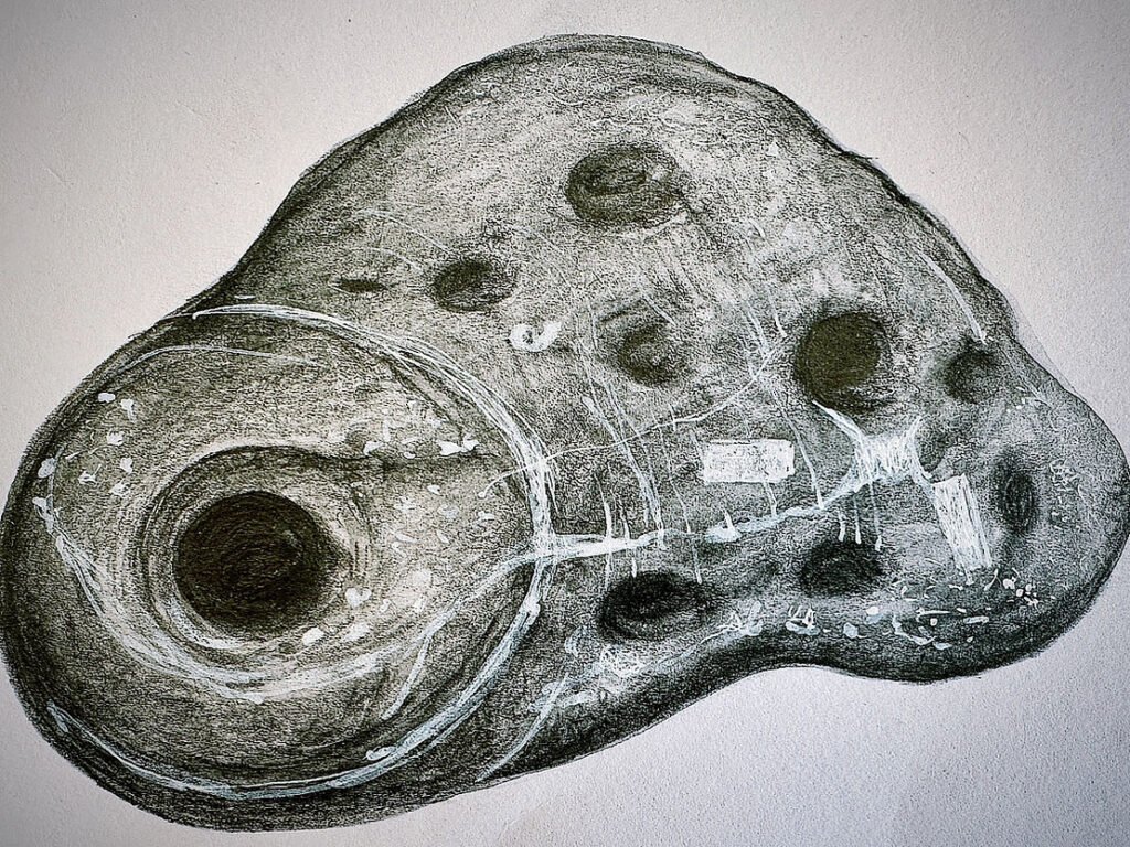 A pencil sketch of a rounded but irregularly shaped stone with several large pits on it.
