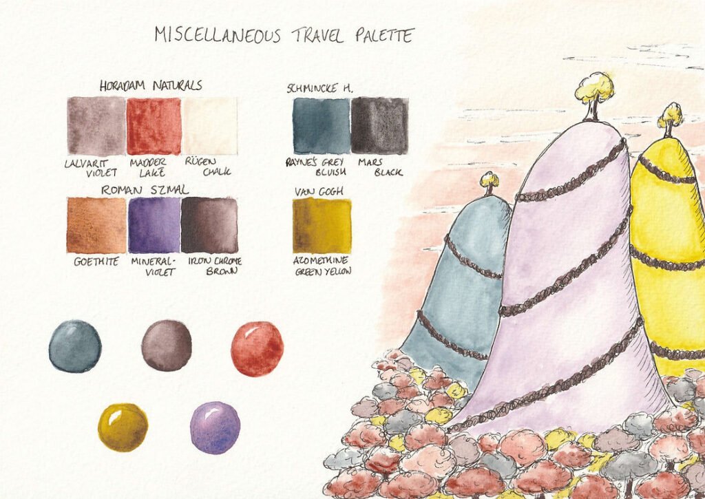 A swatch sheet showing six watercolour swatches and three Horadam Naturals swatches. A sketch of a fantasy scene of three hills with a small tree on the top of each, lies to the right of the swatches.