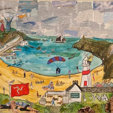 Colourful acrylic and collage artwork of a sandy bay with headlands and lots of people on the beach.