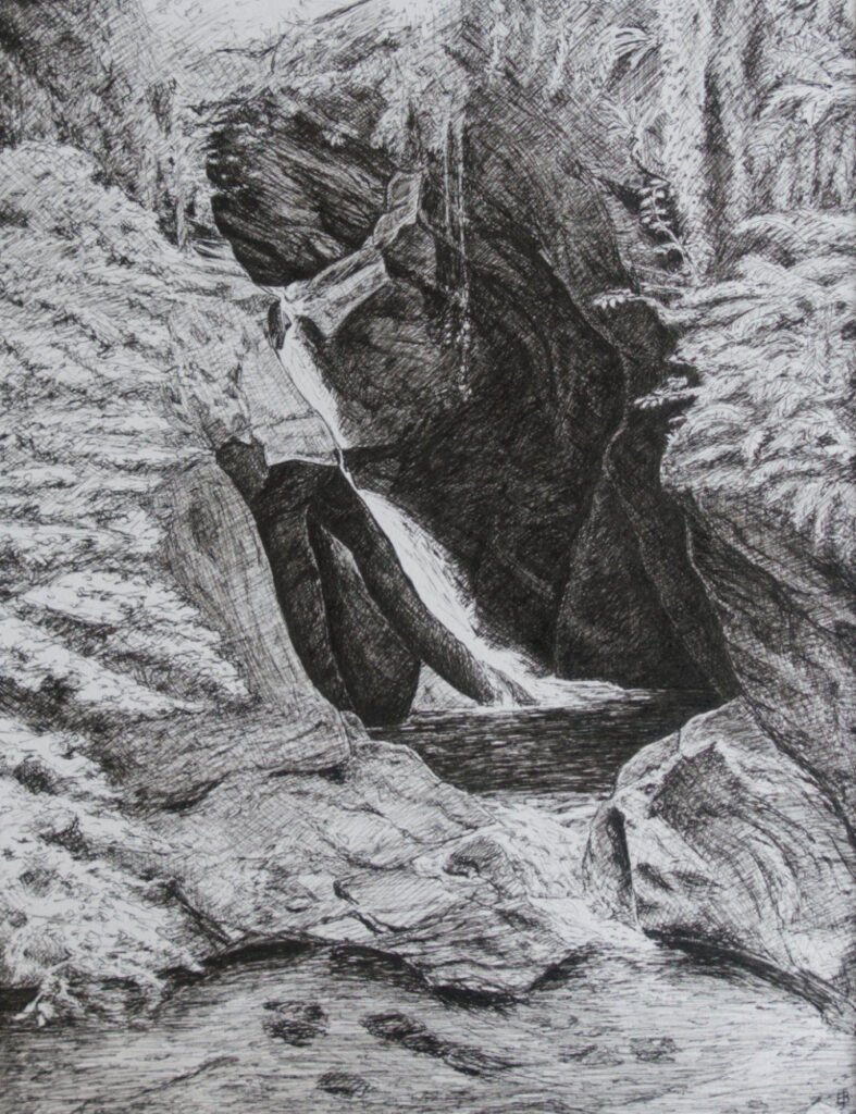 Ink drawing of a waterfall.