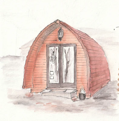Watercolour sketch of a wooden pod-type shed.