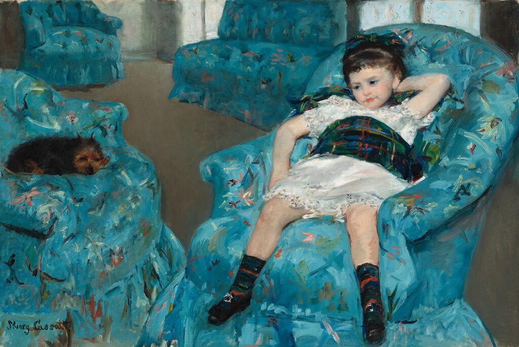 An oil painting of a young girl in a white dress with a tartan waistband  slouched on a turquoise chair. A small brown and black dog is curled up on a similar chair next to her.