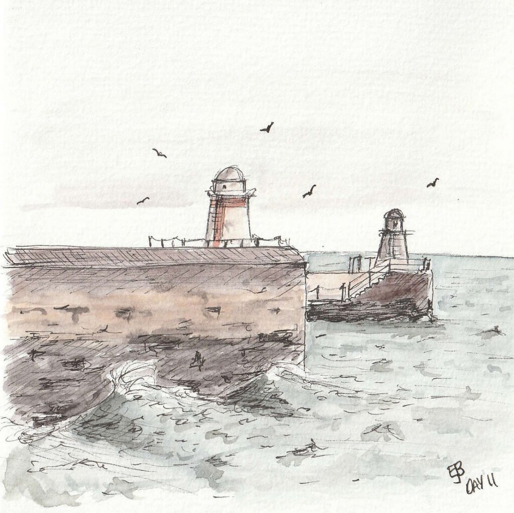 An ink and watercolour sketch of the end of harbour walls with small lighthouses on each. The sea is somewhat rough with waves breaking against the nearest harbour wall. The sky is grey and the sea a grey green.