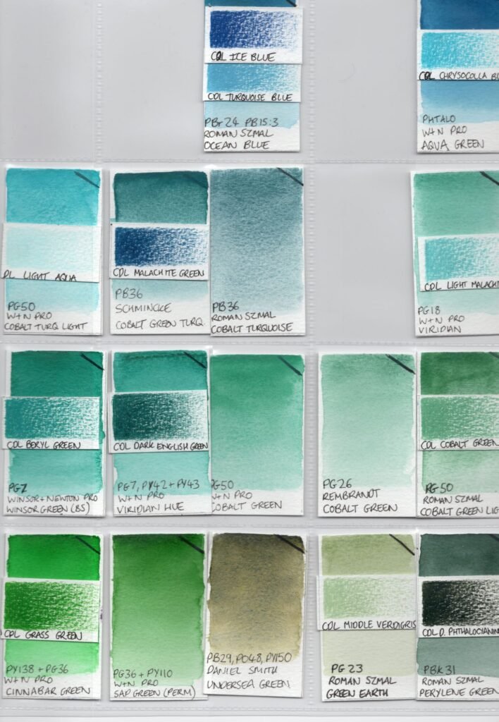 Swatches of cploured pencils matched to colours of watercolour paint.