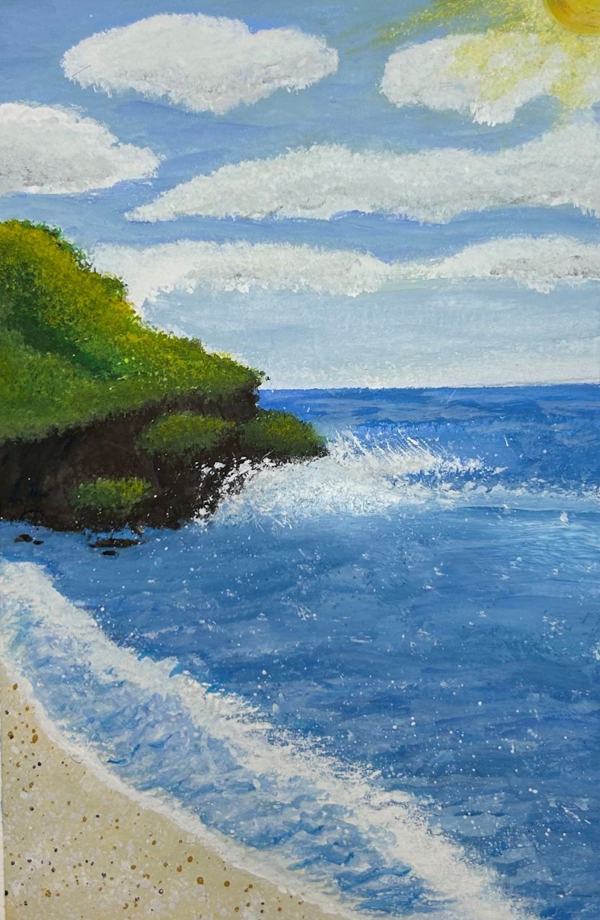Groudle Beach by Emma Ashcroft Daytime scene of a green and rocky headland jutting out into the blue sea.