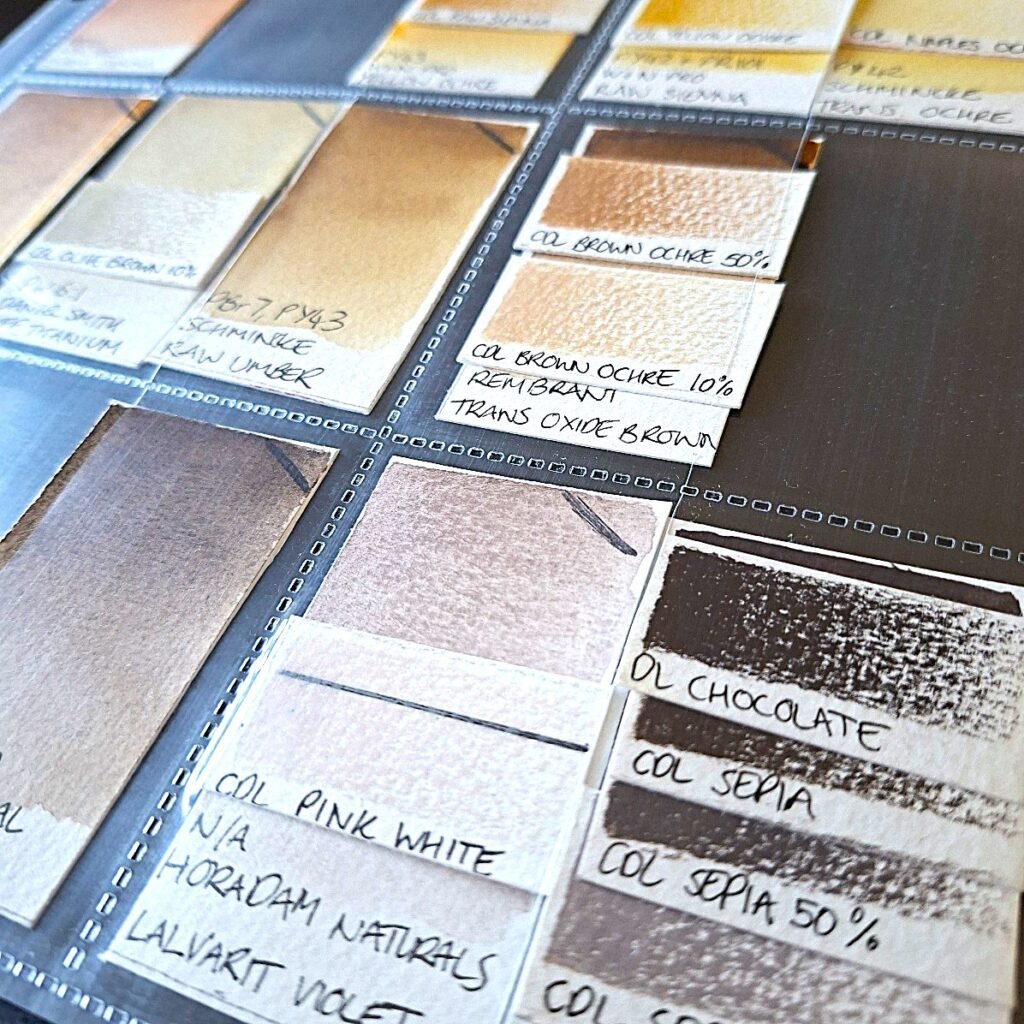 Swatches of cploured pencils matched to colours of watercolour paint.