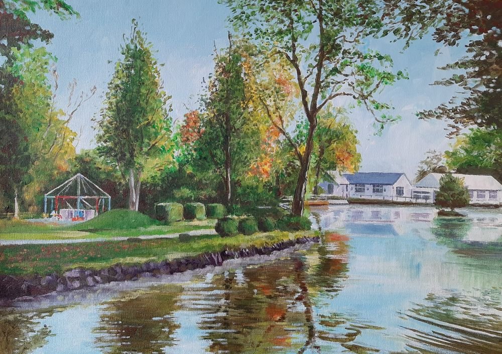 A painting of a man-made lake surrounded by low buildings and a playground. The sky is sunny and the gardens well-tended.
