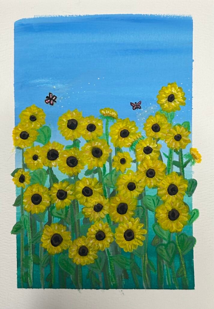 A painting of many large yellow flowers with tall, green stems in front of a blue sky with two butterflies, flying just above them. Some of the flowers extend beyond the frame of the painting.