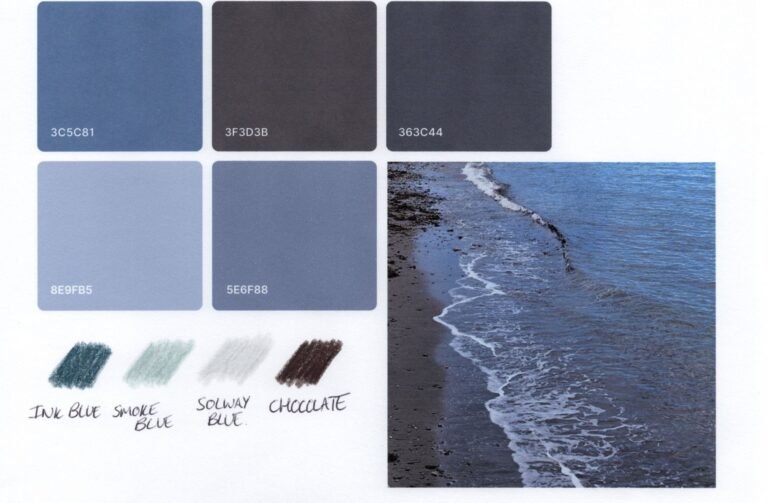 0 Swatches Five swatches of colour next to a photo of part of a beach from which the colours were taken. Some swatches of coloured pencil in near matches of colour are below the large colour swatches.