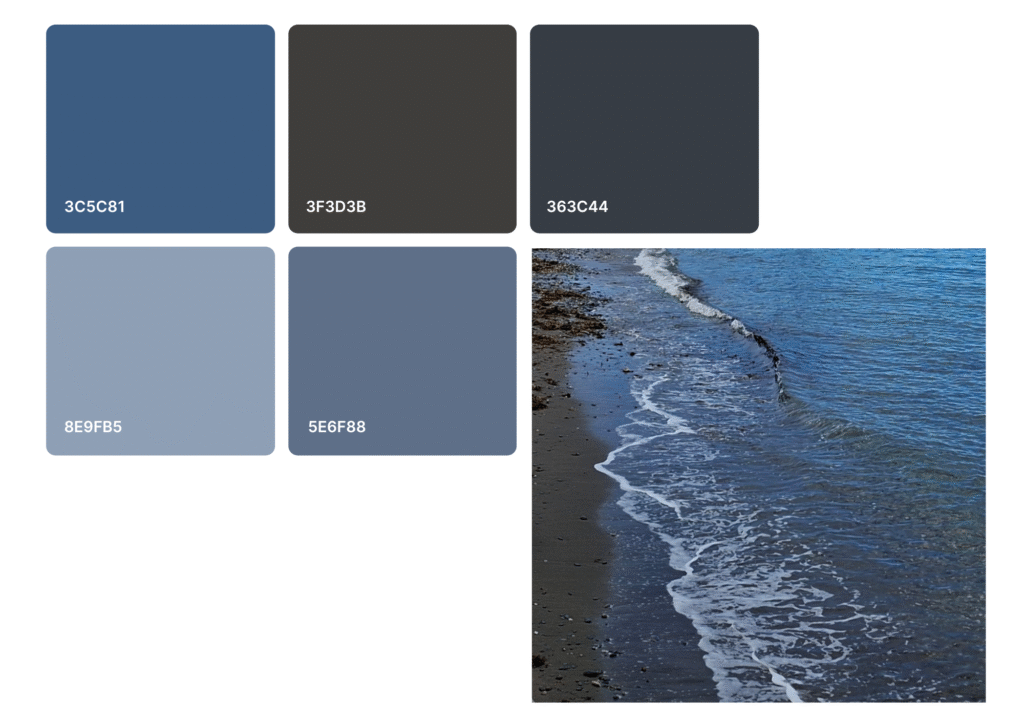 Colour palette of five colours next to the edge of the sea on a beach. The colours represent some of the colours from the photo.