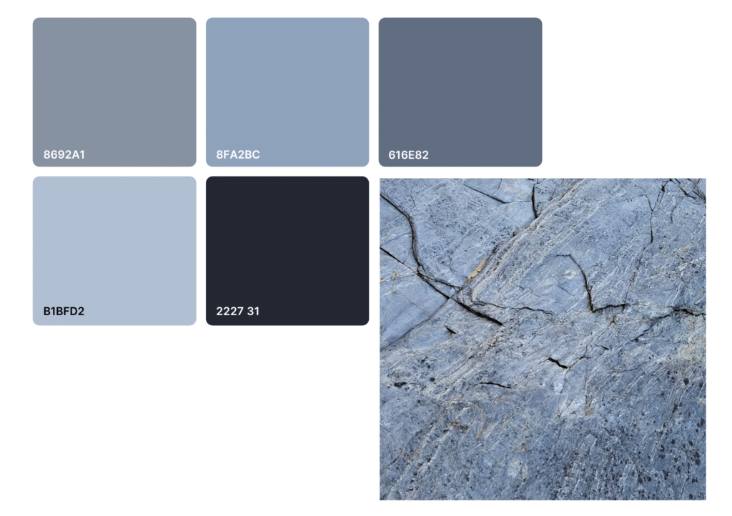 Colour palette of five colours next to an image of rocks on a beach. The colours represent some of the colours from the photo.