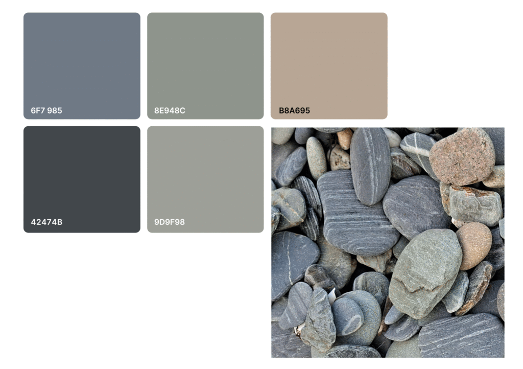 Colour palette of five colours next to an image of pebbles on a beach. The colours represent some of the colours from the photo.