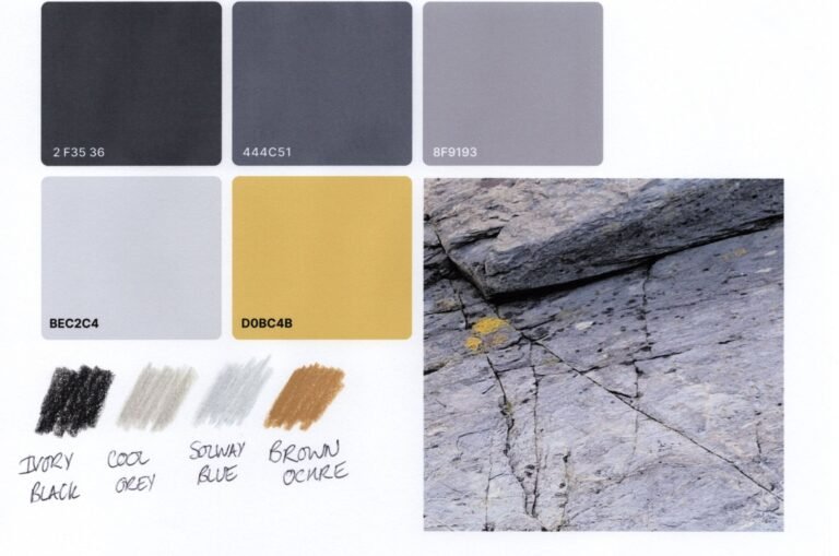 13 Swatches Five swatches of colour next to a photo of part of a beach from which the colours were taken. Some swatches of coloured pencil in near matches of colour are below the large colour swatches.
