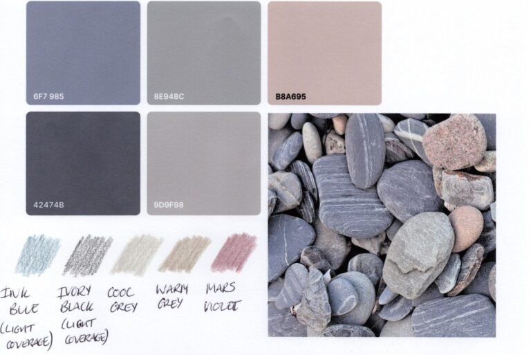 16 Swatches Five swatches of colour next to a photo of part of a beach from which the colours were taken. Some swatches of coloured pencil in near matches of colour are below the large colour swatches.