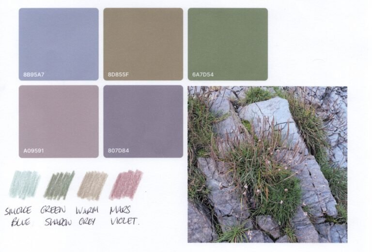 17 Swatches Five swatches of colour next to a photo of part of a beach from which the colours were taken. Some swatches of coloured pencil in near matches of colour are below the large colour swatches.