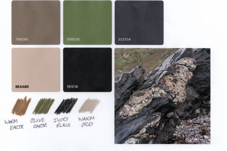 4 Swatches Five swatches of colour next to a photo of part of a beach from which the colours were taken. Some swatches of coloured pencil in near matches of colour are below the large colour swatches.