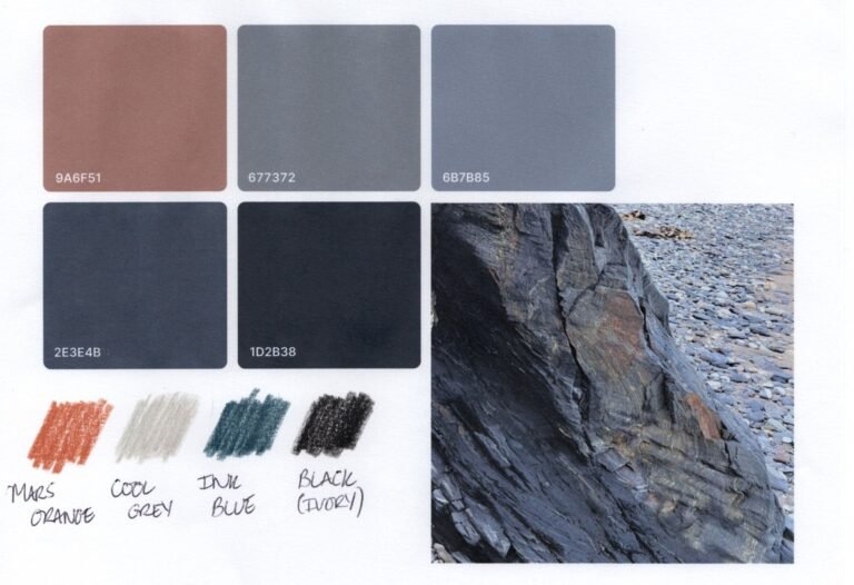 5a Swatches Five swatches of colour next to a photo of part of a beach from which the colours were taken. Some swatches of coloured pencil in near matches of colour are below the large colour swatches.
