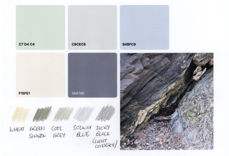 6 Swatches Five swatches of colour next to a photo of part of a beach from which the colours were taken. Some swatches of coloured pencil in near matches of colour are below the large colour swatches.