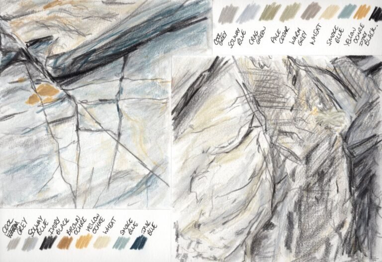 Image_20251017_0007 Two expressive sketches of coastal rocks with lichen, completed in coloured pencil in natural hues.