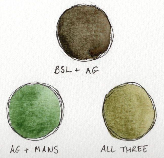 Three neutral mixes using watercolours from the set. The top colour is a cool brown and the bottom colours are natural greens.