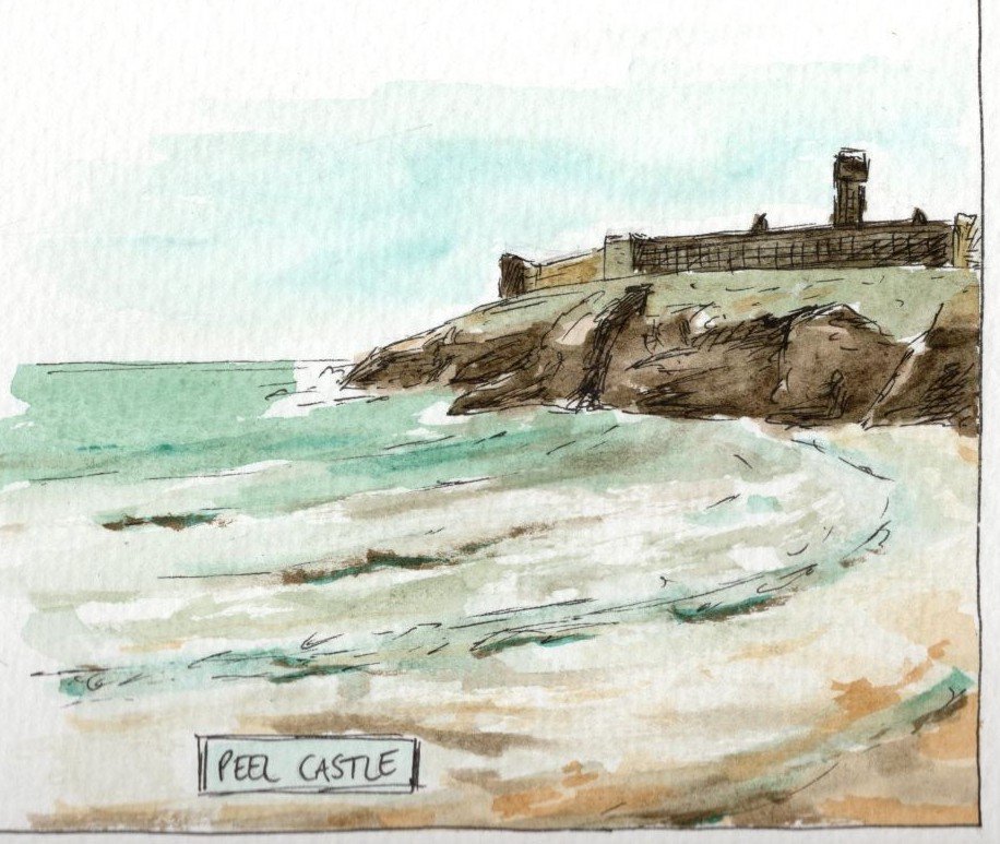 An ink and watercolour sketch on Peel Castle (built on a small island in the sea) which has been coloured with watercolours from the set.