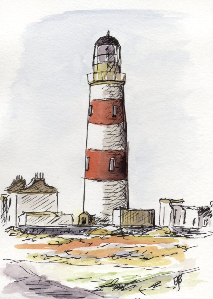 An ink and watercolour sketch of a lighthouse and surrounding buildings. The lighthouse has red and white stripes and the buildings below are white and yellow. There is green and orange heathland drawn roughly in the foreground.