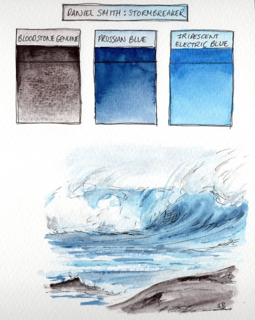 A watercolour swatch sheet showing the 'Stormbreaker Triad Set' by Daniel Smith. The page contains three rectangular swatches of the individual colours and a sketch of a stormy sea with waves breaking near some rock, using the colours from the set.