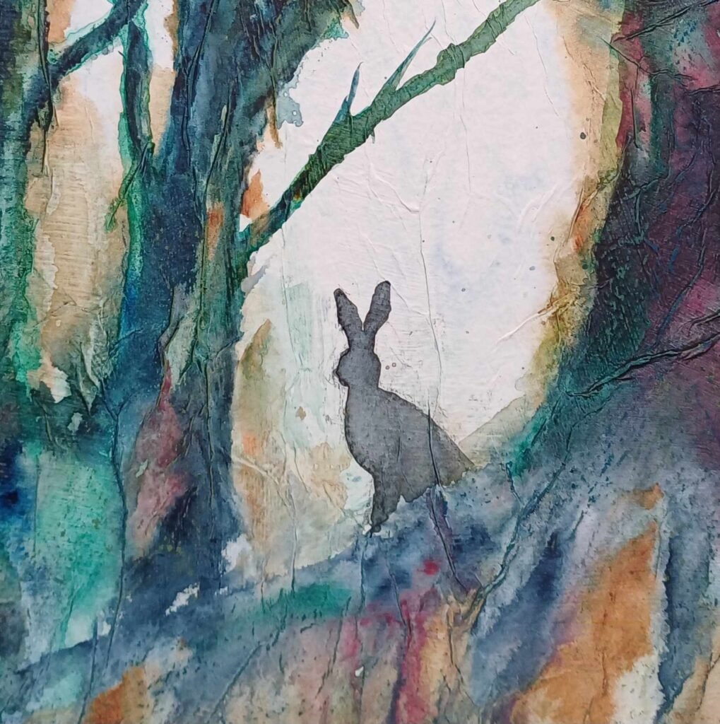 Mixed media abstract artwork of a rabbit in woods.