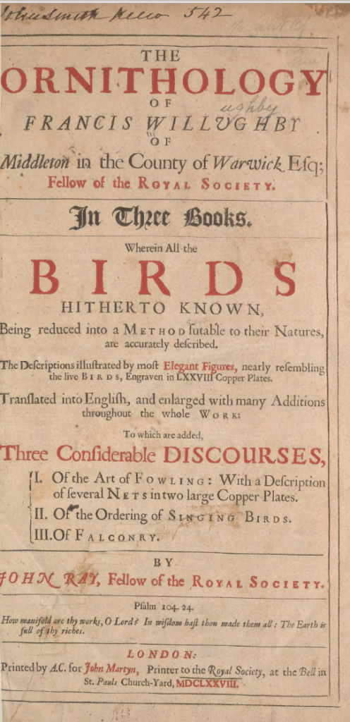 Front page of a very old book entitled 'The Ornithology of Francis Willughby from the 1600's.