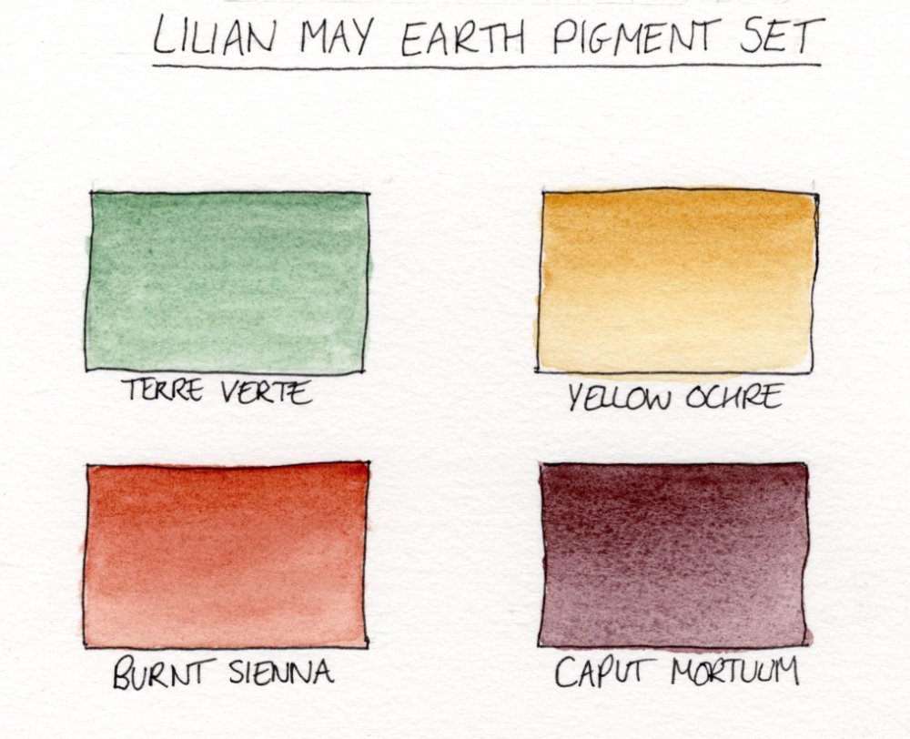 Swatches of the four paints in the earth pigment set.