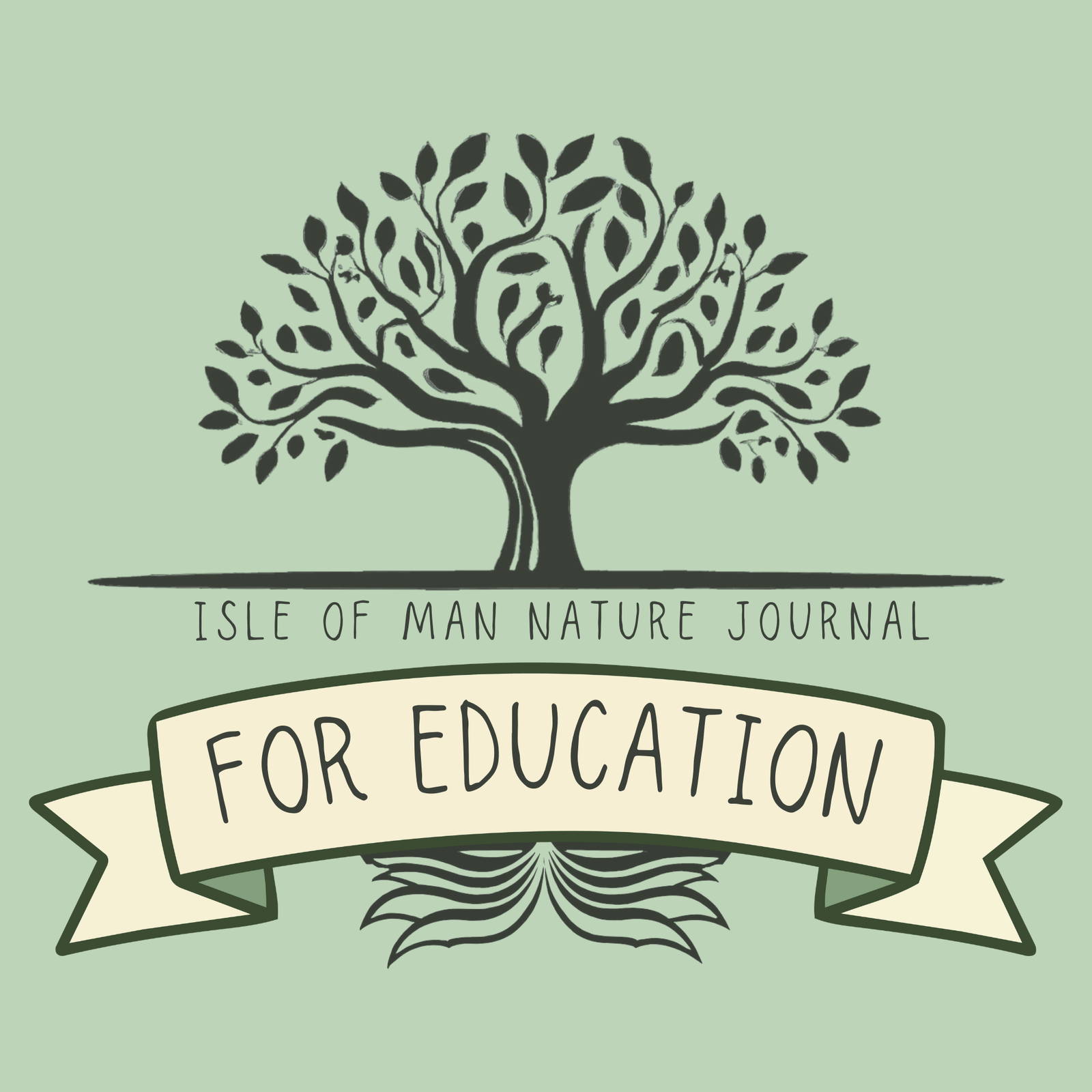 A logo for the 'Isle of Man Nature Journal For Education' showing a graphic of a tree with an unturned book as it's leaves.