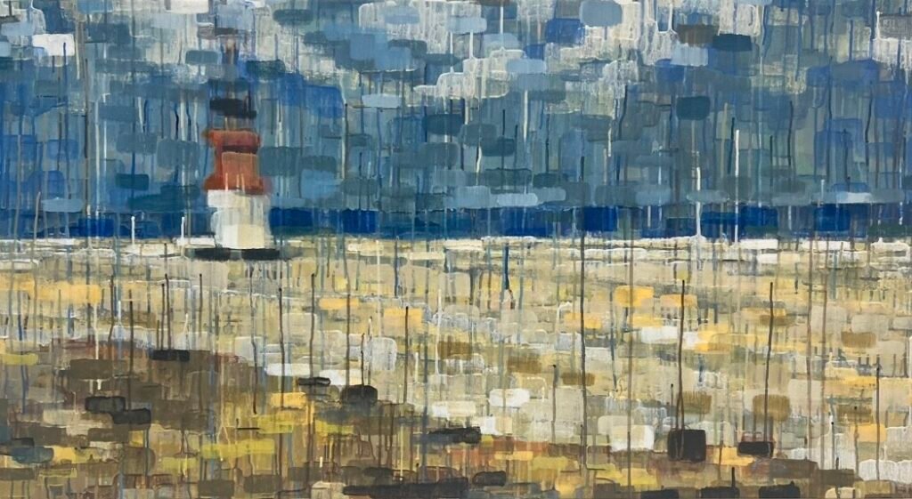 'Point of Ayre' by Paulina Kurzydlowska - an acrylic painting of a view of a lighthouse painted in a style that involves dripping the paint from each area of colour.