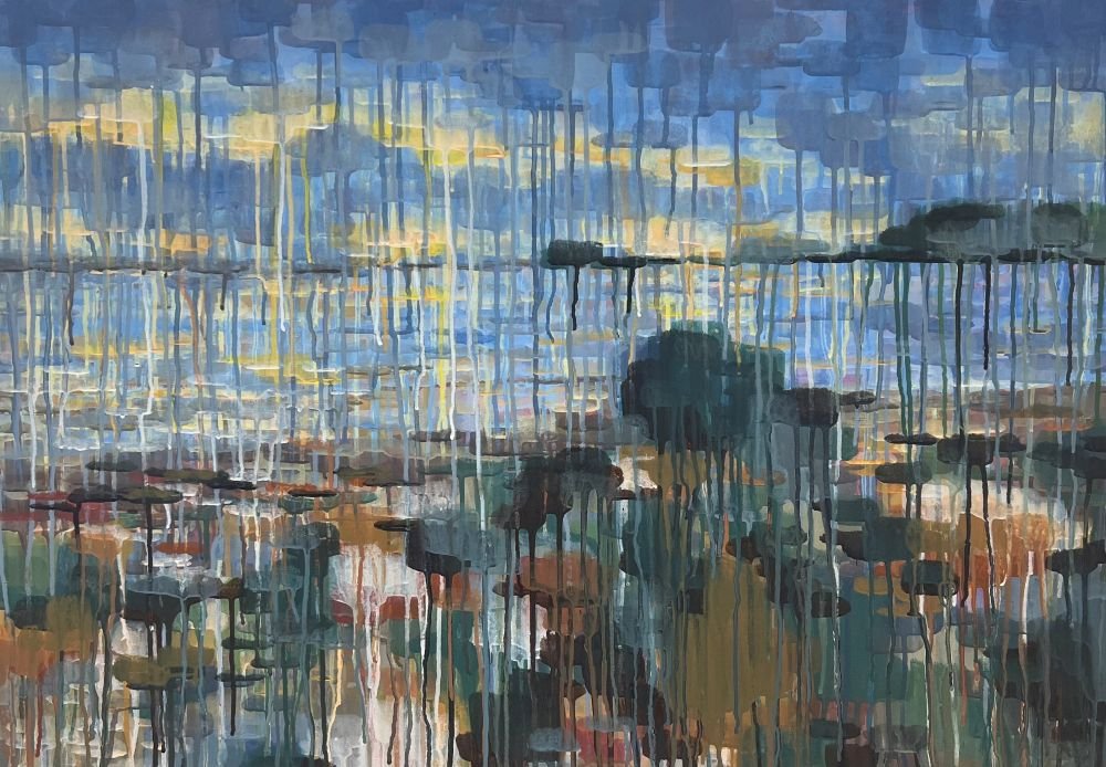 'Stone Pile' by Paulina Kurzydlowska - an acrylic painting of a view from a rocky beach painted in a style that involves dripping the paint from each area of colour.