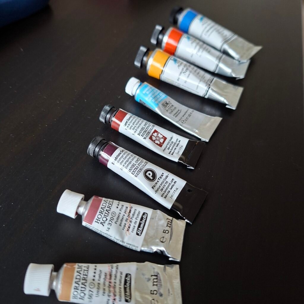 The 8 tubes of watercolour paint that were finally chosen.