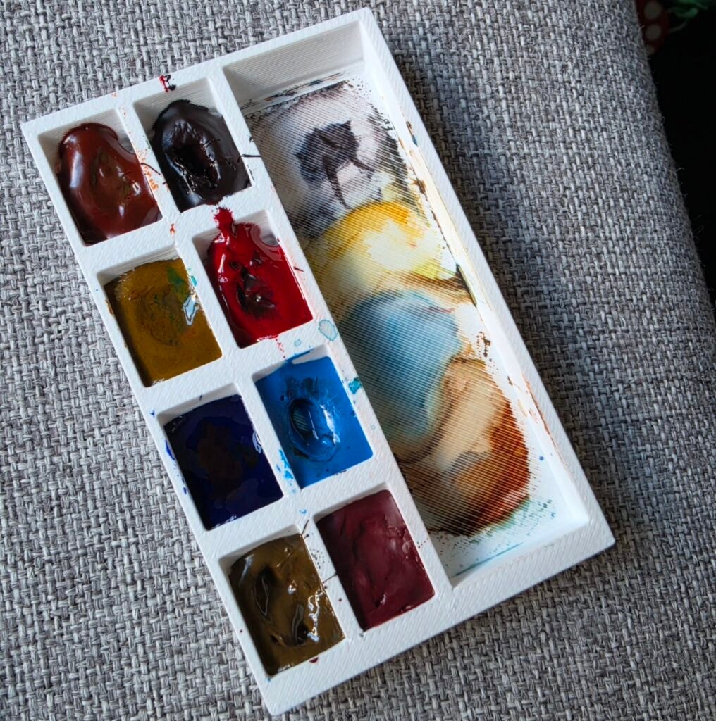 The used palette showing the good amount of paint that was left after completing the painting.