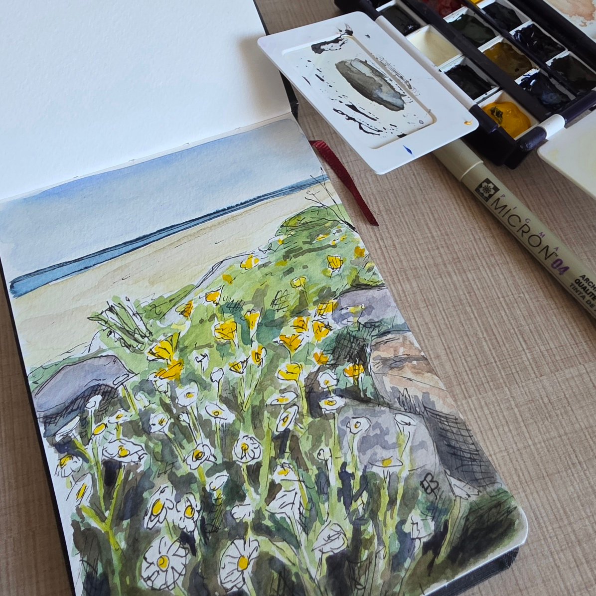 An ink and watercolour sketch of flowers on a rocky wall in fromt of a sandy beach and the sea beyond. The sketchbook is open on the table and an open watercolour palette and ink fine liner pen are visible on the table.