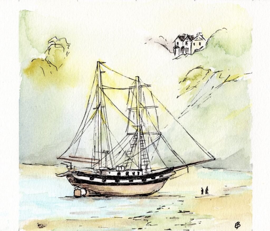Ink and watercolour sketch of a beached, two masted tall ship on a sandy shoreline with green cliffs behind.